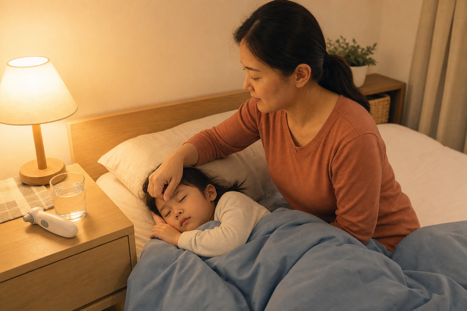 媽媽輕觸孩子額頭確認體溫——孩子發燒居家照護｜平安聯合診所